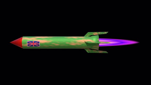 Vintage green rocket ship with purple flame. Retro toy rocket flying in space. Military style rocket with British flag decal. isolated on Transparent Background