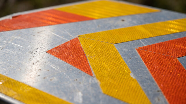 Detour sign on sidewalk with orange and yellow reflective stripes  