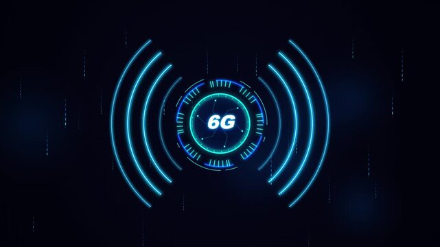 Futuristic 6g network logo animation on dark background with blue glowing signal waves clip.