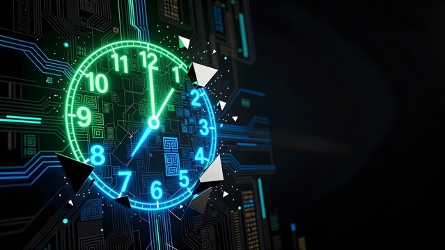 Neon glowing clock with shattered glass on a dark circuit board background 3d render