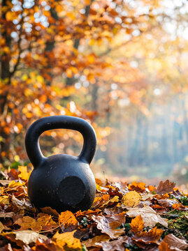 heavy black kettlebell standing on autumn fallen leaves in a sunny park close up symbolizing workouts and outdoor fitness in autumn