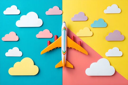 Miniature toy airplane and paper clouds on colorful background. Flat lay design of travel concept