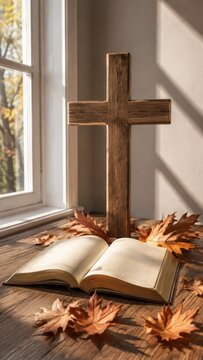 Wooden cross and open Bible with autumn leaves on a wooden table by a window, symbolizing faith, Christianity, and Reformation Day.