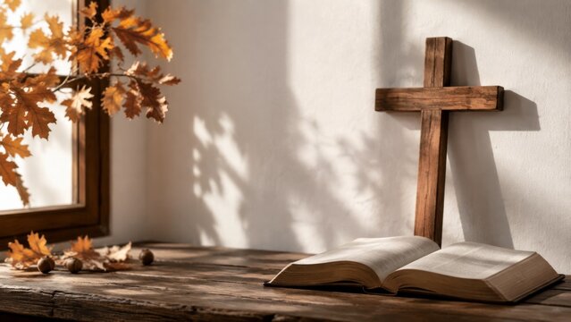 Open Bible and wooden cross on a rustic wooden table with autumn oak leaves near a window, symbolizing Reformation Day, faith, and Christian spirituality.