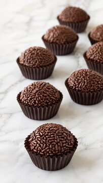 Delicious Brazilian brigadeiro chocolate truffles with chocolate sprinkles in paper cups arranged diagonally on a white marble background, sweet dessert food photography.
