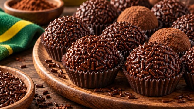 Traditional Brazilian brigadeiro chocolate truffles covered in chocolate sprinkles and cocoa powder arranged on a rustic wooden tray