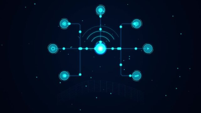 Digital data hub with connection nodes and orbiting icons in blue light network animation.