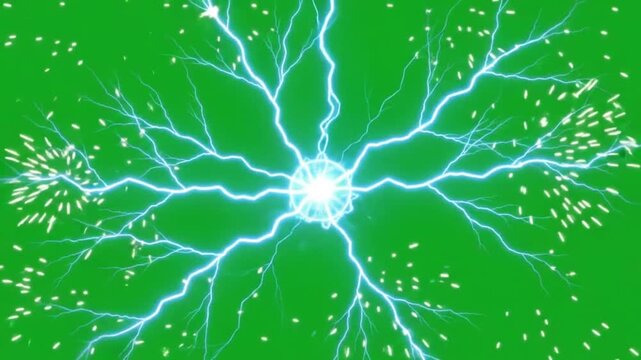 Powerful Realistic Lightning Strike with Bright Electrical Bolts, Sparks and Energy Pulses Isolated on Pure Green Screen Background, Cinematic Electric VFX Animation, 4K Stock Footage