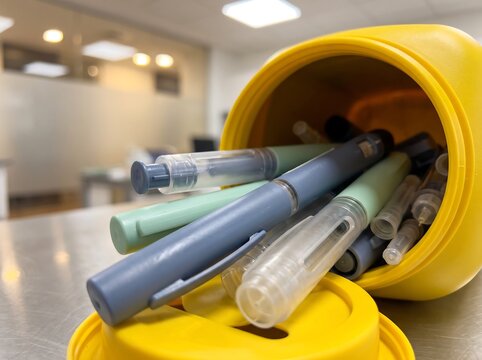 Used GLP 1 Injection Pens Discarded in Yellow Medical Sharps Container