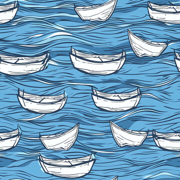 Seamless pattern of white cartoon boats on blue water