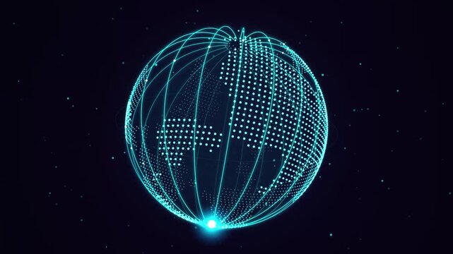 Digital globe wireframe with luminous dot map rotating on dark background motion graphics.