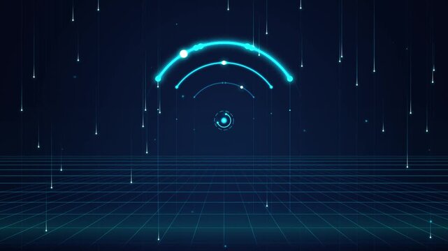 Futuristic digital wifi signal pulse animated on abstract blue high tech grid background.