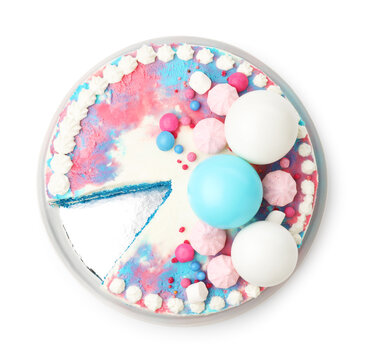 Decorated gender reveal cake with blue layers isolated on white, top view
