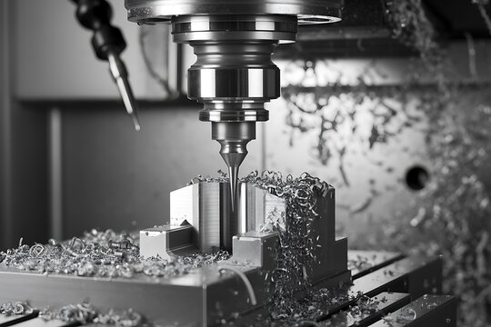 Precision drill bit operates on metal block in workshop.