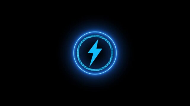 Neon glowing battery charging icon animation with neon circle. Neon power button icon color glowing colorful animation in black background, 4k vieo.