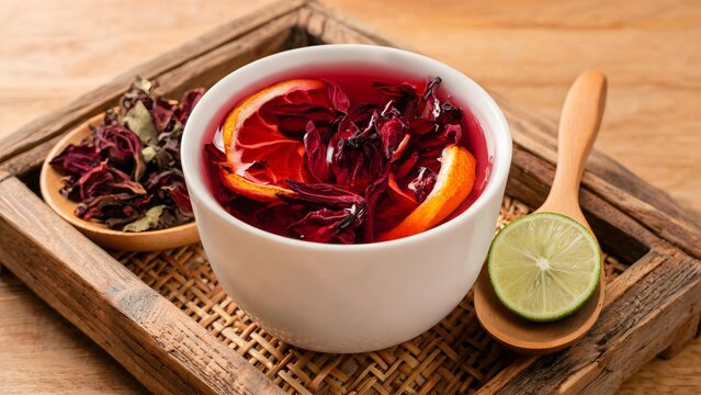 Hibiscus Herbal Tea with Orange and Lime on Rustic Wooden Tray