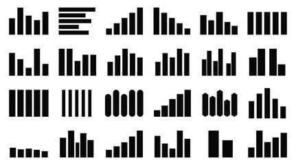 Obraz premium vector Set of various black bar chart icons arranged in a grid on a white background with graph frequency equalizer