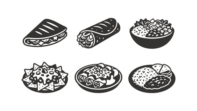 Set of black and white vector icons featuring Mexican food dishes like burritos, quesadillas, loaded nachos, saucy enchiladas, burrito bowls, and rice with beans on white background.