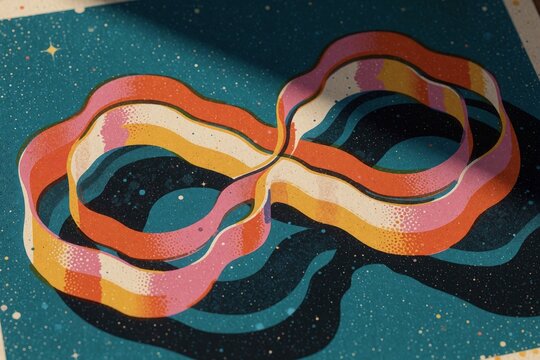 Abstract ribbon loops on dark speckled background.