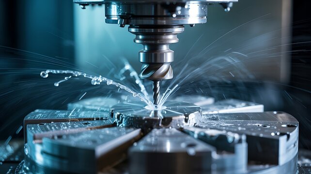 Milling cutter shapes a steel block with high pressure coolant splash.