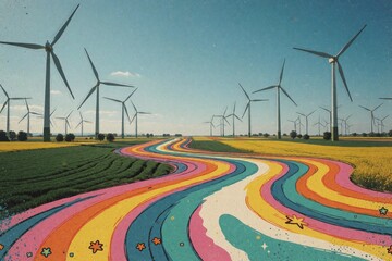 Obraz premium Colorful Rainbow Road Through Wind Farm Landscape.