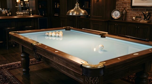 Billiard table with clear water and balls, luxury game room interior