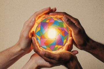 Obraz premium Hands Holding Glowing Colorful Sphere.