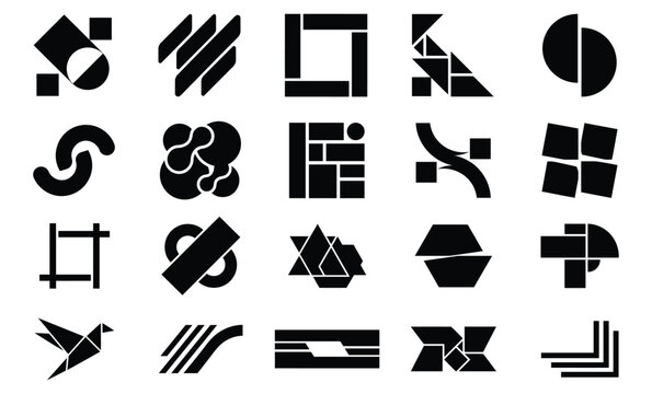 vector Collection of twenty abstract geometric symbols and minimalist black logos on white background with logos arranged plain