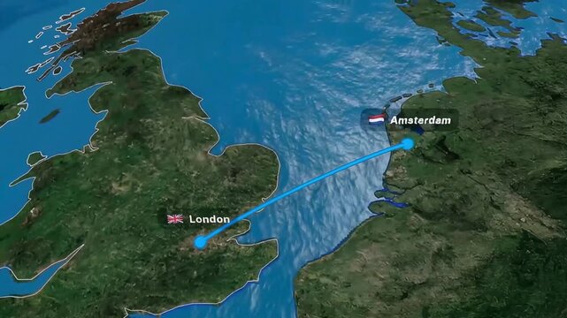 Flight Route Map Animation from Amsterdam to London