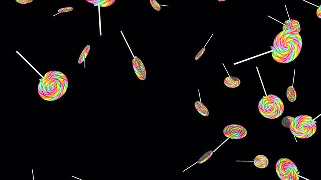 Rainbow swirl lollipops falling, colorful candy rain animation, sweet sugar treats motion graphic isolated on Transparent Background