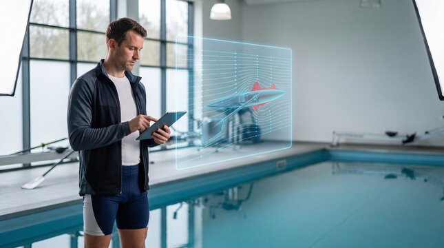 Rowing coach using a tablet to analyze a 3D holographic fluid dynamics simulation of an oar blade by an indoor training pool.