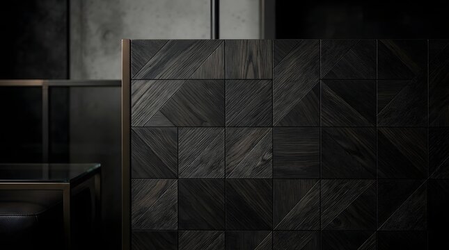 Modern dark wood panel wall with geometric design.