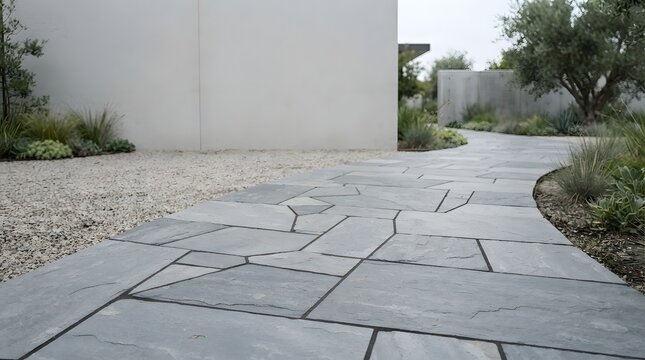 Modern stone pathway landscaping gray garden decor.