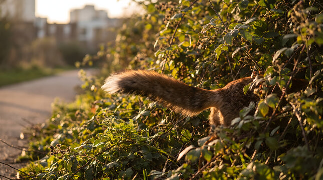 A stunning close-up of a red fox's fluffy tail, beautifully illuminated by the golden hour sunlight, as the wild mammal peeks from dense green bushes. This captivating image captures the elusive be...