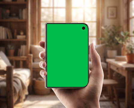 Premium foldable smartphone mockup held vertically in one hand with a clean green chroma key screen.