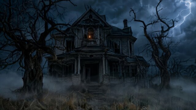 Spooky haunted house at night, eerie mansion with glowing window, dark stormy sky with lightning, creepy bare trees, dense fog, horror concept