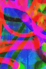 Abstract street art halftone background with a bold sweeping magenta arc and multi-color graffiti brushstrokes in red, blue, and green. Suits retrofuturism branding and party poster design. © Aleksandra Konoplya