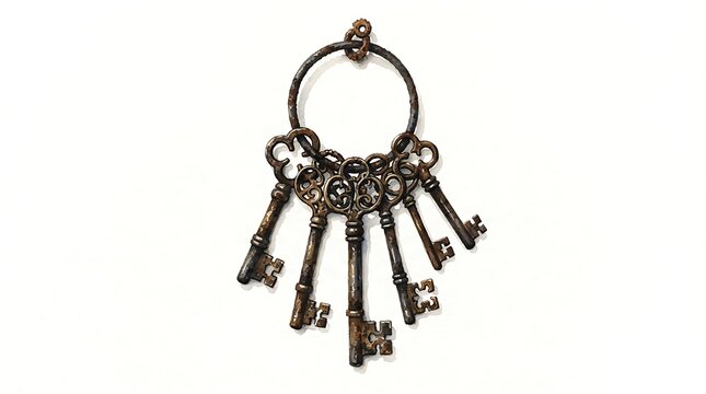 Vintage antique skeleton keys on key ring watercolor illustration isolated on white background for gothic decor