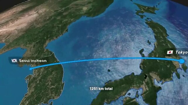 Flight Route Map Animation from Tokyo to Seoul