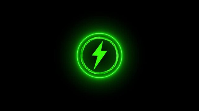 Neon glowing battery charging icon animation with neon circle. Neon power button icon color glowing colorful animation in black background, 4k vieo.