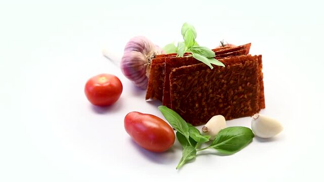 Spicy tomato pastila with garlic and basil on white background
