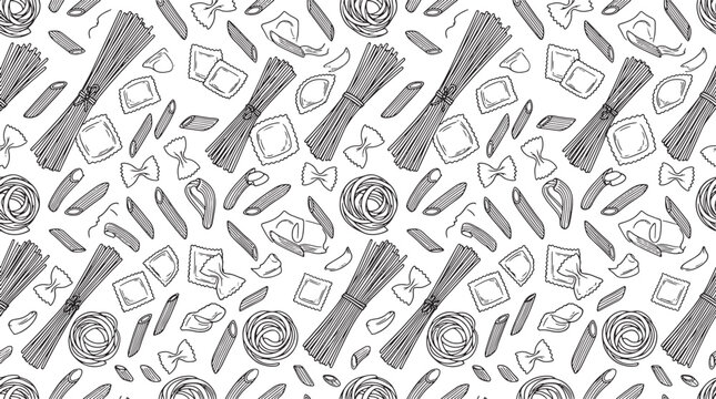 Hand drawn pasta pattern with various noodle shapes including spaghetti penne and farfalle in black and white