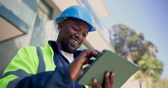 Technician, laughing and black man with tablet in city for communication or outdoor network service. Male person, contractor or electrician with smile on technology for humor, comedy or connection