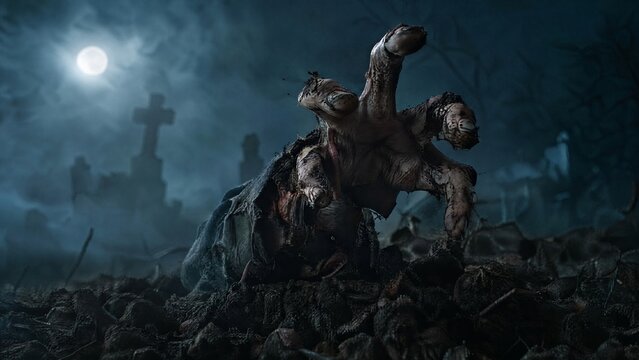 Spooky zombie hand emerging from grave dirt in a foggy graveyard at night, full moon illuminating the eerie scene, horror concept for Halloween, dark blue and gray tones