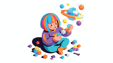 Fototapeta premium Child playing with colorful floating blocks