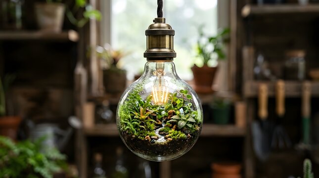 Sustainable Mini Forest Ecosystem Captured in a Unique Hanging Light Bulb Terrarium