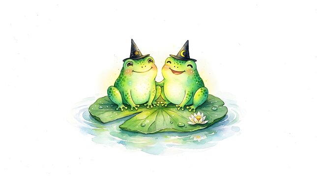 Two cute green frogs sitting on water lily pad leaf watercolor illustration isolated on white background