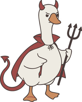 Cartoon Devil Goose Wearing Red Cape and Horns Holding a Pitchfork