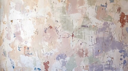 Naklejka premium Accidental Abstraction: Weathered Plaster Wall with Scratched Pastel Layers and Decades of Surface Wear