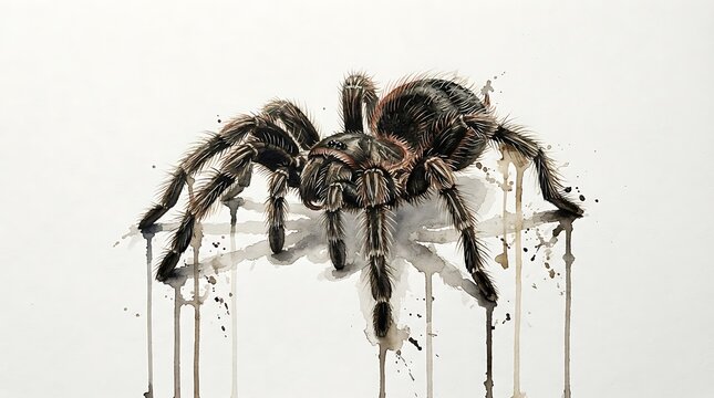 Creepy black tarantula spider top view illustration, spooky halloween spider isolated on white background